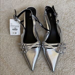 Zara Metallic Silver Pointed Slingback Kitten Heels with Buckle Straps